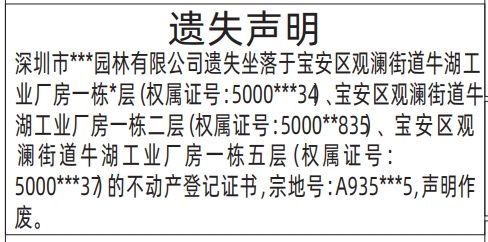 深圳商报分类广告：不动产登记证书遗失的登报报纸图