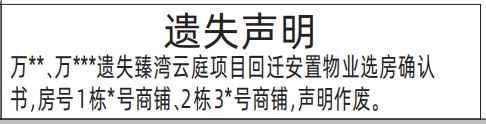 深圳商报分类广告：回迁安置物业选房确认书遗失的登报报纸图