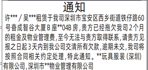 深圳商报分类广告：房屋租赁通知的登报报纸图