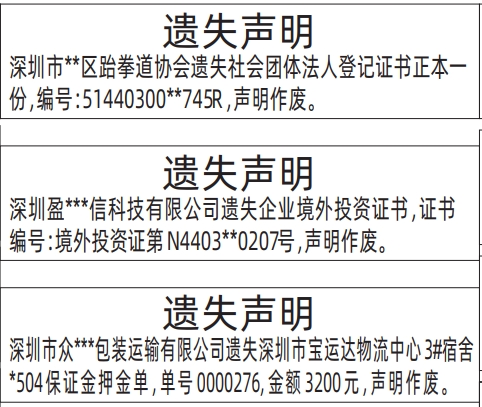 深圳商报分类广告：社会团体法人登记证书、企业境外投资证书、保证金押金单的登报报纸图