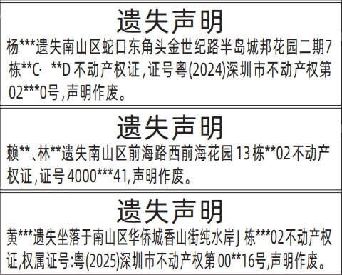 深圳商报分类广告：不动产权证、房产证的登报报纸图
