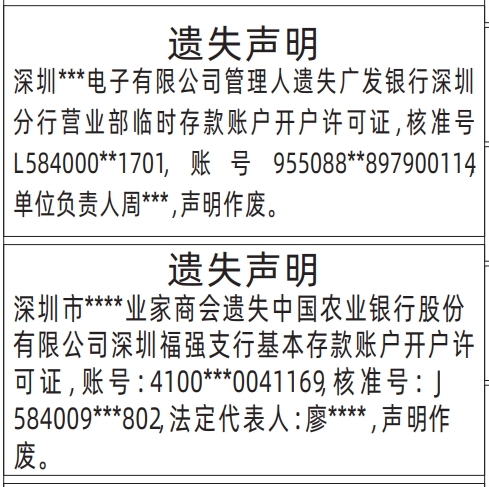 深圳商报分类广告：临时存款账户开户许可证、基本存款账户开户许可证的登报报纸图