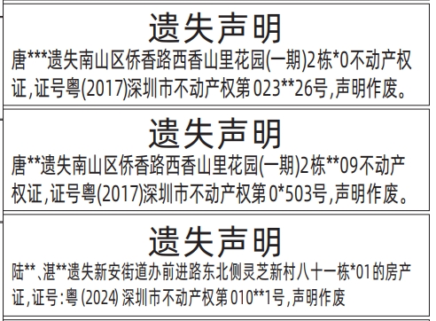深圳商报分类广告：房产证、不动产权证的登报报纸图