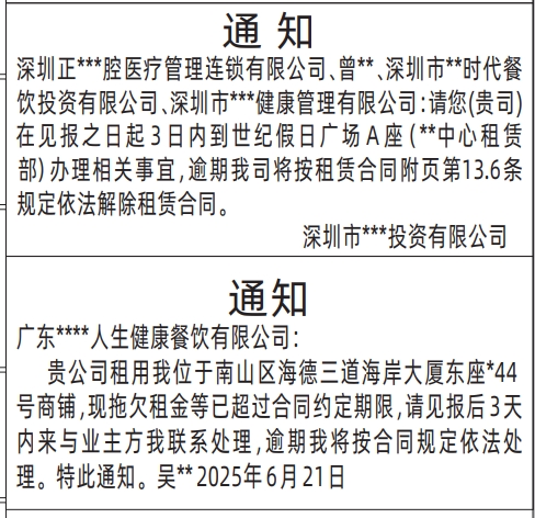 深圳商报分类广告：房屋租赁通知的登报报纸图