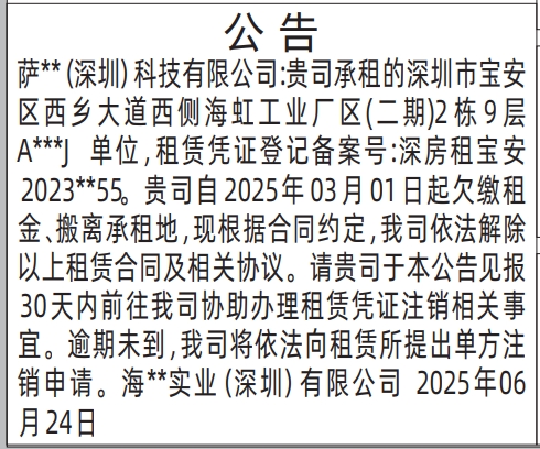 深圳商报分类广告：房屋租赁公告的登报报纸图