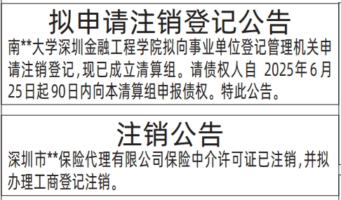 深圳商报分类广告：拟申请注销登记公告、注销公告的登报报纸图