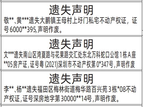 深圳商报分类广告：不动产权证、房产证的登报报纸图