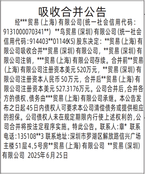 深圳商报分类广告：吸收合并公告的登报报纸图