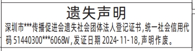 深圳商报分类广告：社会团体法人登记证书的登报报纸图