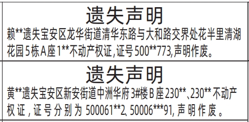 深圳商报分类广告：不动产权证、房产证的登报报纸图
