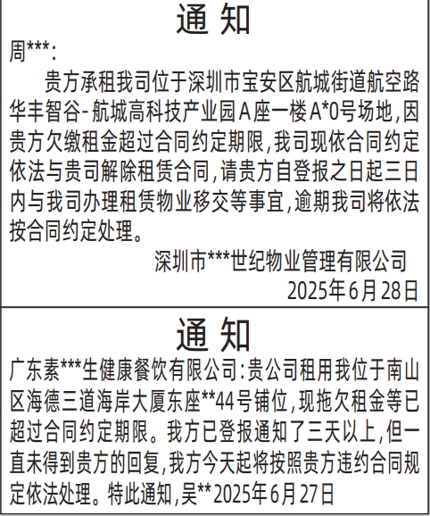 深圳商报分类广告：房屋租赁通知的登报报纸图
