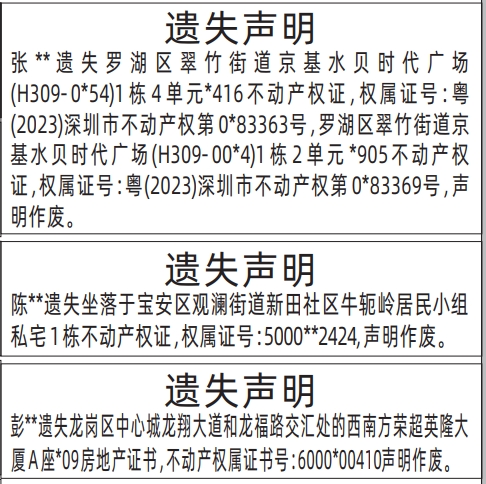 深圳登报报纸图:房地产证书、不动产权证（多人）的图样