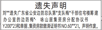 深圳登报报纸图:集资房分配协议书和单据、集资房款缴清证明书遗失登报的图样