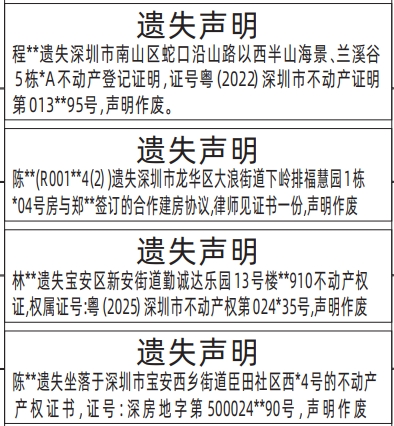 深圳登报报纸图:不动产登记证明、合作建房协议,律师见证书、不动产权证、房产证登报的图样