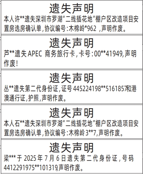深圳登报报纸图:第二代身份证、二线插花地选房确认单、港澳通行证，护照、APEC商务旅行卡遗失登报的图样
