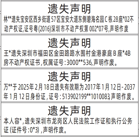 深圳登报报纸图:不动产权证、房产证、身份证、法院工作证和执行公务证遗失登报的图样