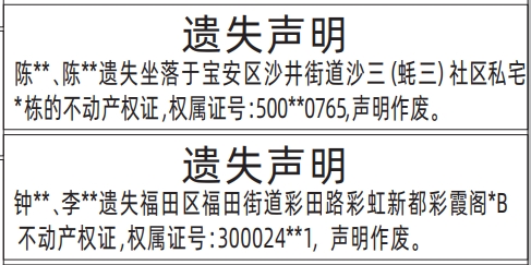 深圳登报报纸图:不动产权证、房产证遗失登报范本的图样