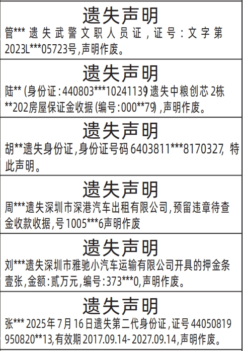 深圳登报报纸图:武警文职人员证、房屋保证金收据、身份证、预留违章待查金收款收据、押金条登报范本的图样