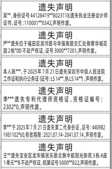 深圳登报报纸图:房产证、执业注册会计师证书、执行公务证、工作证、专利代理师资格证、身份证的遗失登报范本的图样