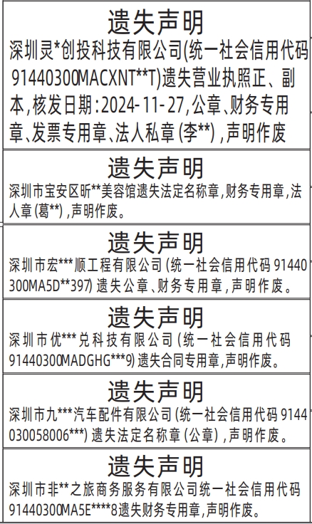 深圳登报报纸图:营业执照、公章、财务专用章、发票专用章、法人私章、合同专用章的登报范本的图样