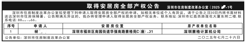 深圳登报报纸图:（2.5*14.5CM）取得安居房全部产权公告的遗失登报范本的图样