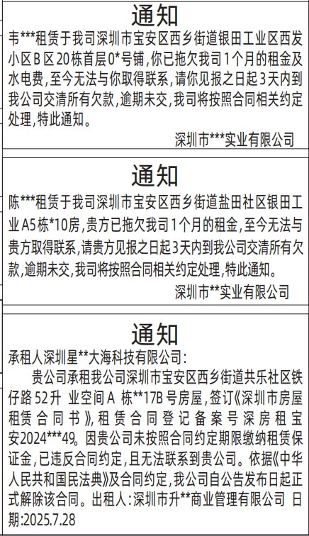 深圳登报报纸图:房屋租赁通知的登报范本的图样