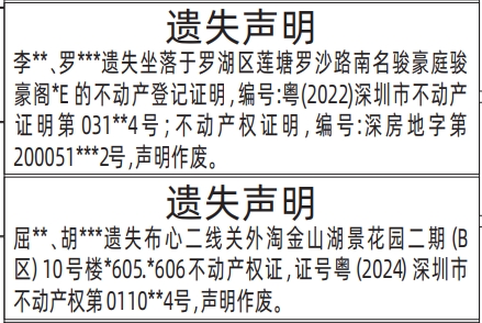 深圳登报报纸图:不动产登记证明、房产证遗失的登报范本的图样