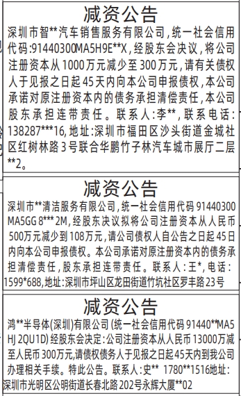 深圳登报报纸图:减资公告的登报范本的图样