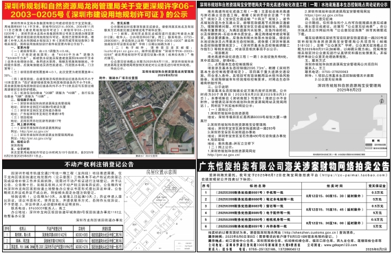 深圳登报报纸图:（工商广告）不动产权利注销登记公告、深圳市规划和自然资源局的公示的登报范本的图样