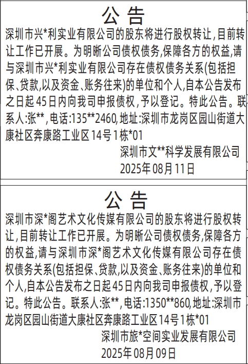 深圳登报报纸图:股东将进行股权转让的通知债权人的登报范本的图样