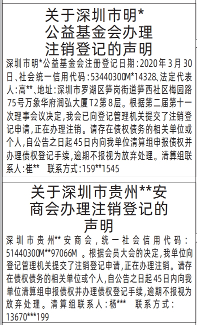 深圳登报报纸图:商会办理注销登记的声明的登报范本的图样