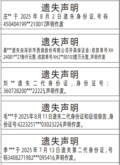 深圳登报报纸图:身份证遗失的登报范本的图样