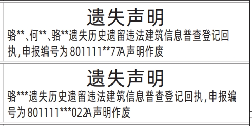 深圳登报报纸图:历史遗留违法建筑信息普查登记回执遗失声明的登报范本的图样