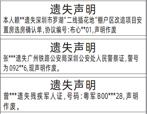深圳登报报纸图:安置房选房确认单、人民警察证、残疾军人证遗失声明的登报范本的图样