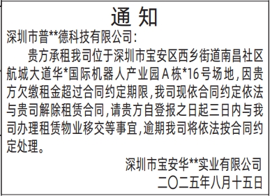 深圳登报报纸图:房屋租赁通知的登报范本的图样
