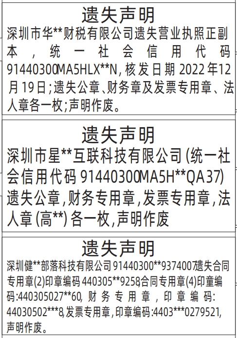 深圳登报报纸图:营业执照、公章、财务章及发票专用章、法人章、合同专用章（带编码）遗失的登报范本的图样