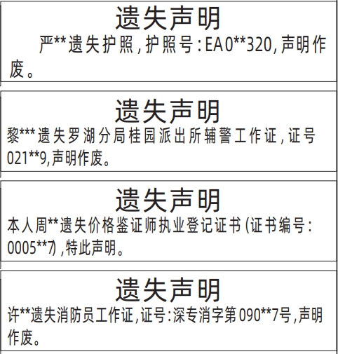 深圳登报报纸图:消防员工作证、价格鉴证师执业登记证书、辅警工作证、护照遗失的登报范本的图样