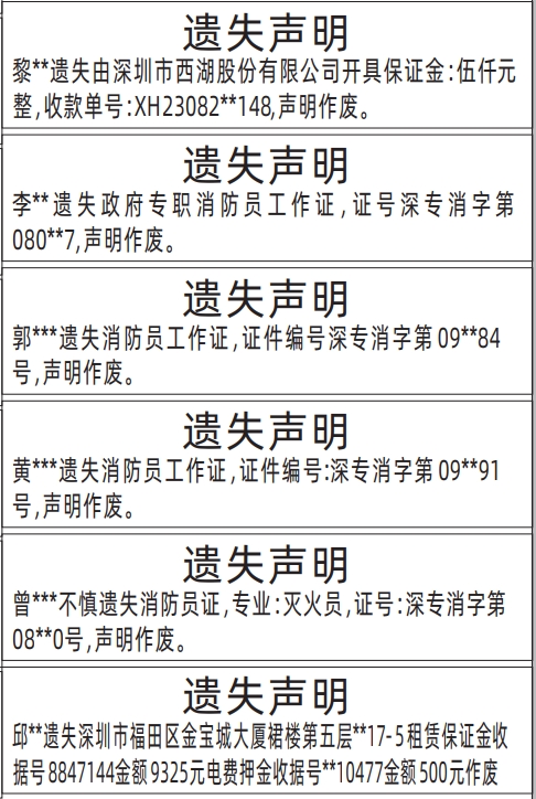 深圳登报报纸图:租赁保证金、电费押金收据、政府专职消防员工作证遗失的登报范本的图样