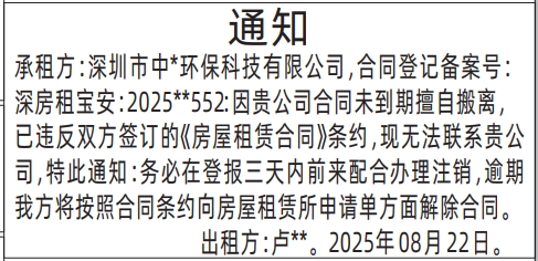 深圳登报报纸图:（房屋租赁）通知的登报范本的图样