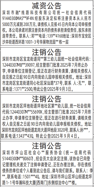 深圳登报报纸图:减资公告、注销公告登报的图样