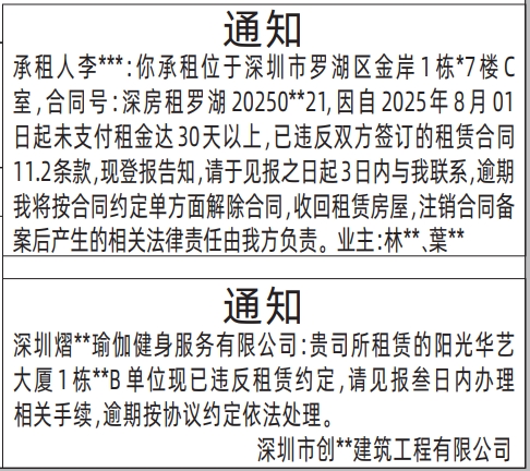 深圳登报报纸图:房屋租赁通知登报的图样