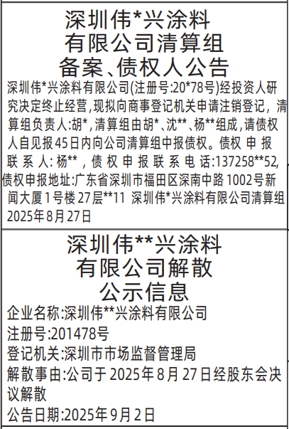 深圳登报报纸图:清算组备案、债权人公告和公司解散公示信息登报范本的图样