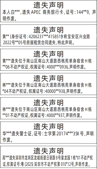 深圳登报报纸图:APEC商务旅行卡、不动产权证、房产证、警士证、房屋租赁合同遗失登报范本的图样