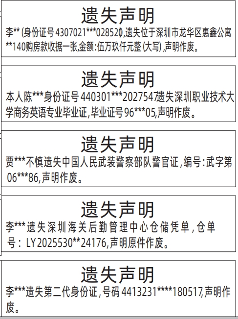 深圳登报报纸图:购房款收据、毕业证、警官证、第二代身份证、深圳海关后勤管理中心仓储凭单遗失登报范本的图样