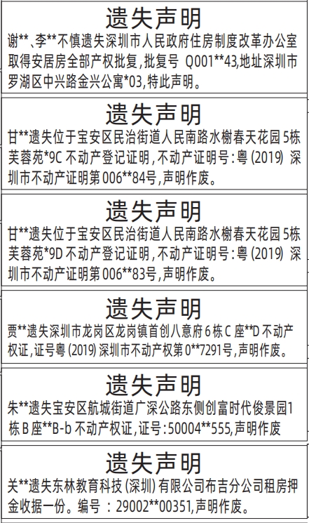 深圳登报报纸图:深圳市人民政府住房制度改革办公室取得安居房全部产权批复、不动产登记证明、不动产权证（房产证）、租房押金收据遗失登报范本的图样
