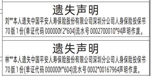 深圳登报报纸图:中国平安人寿保险股份有限公司深圳分公司人身保险投保书遗失声明登报范本的图样