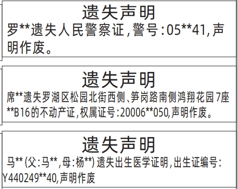 深圳登报报纸图:出生医学证明、房产证、警察证遗失登报范本的图样