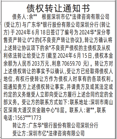 深圳登报报纸图:债权转让通知书登报范本的图样