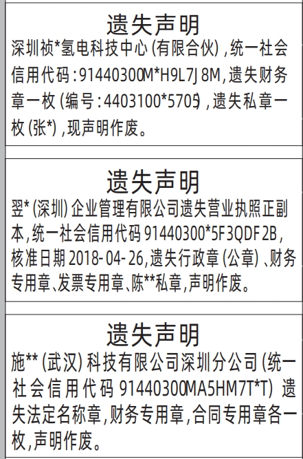 深圳登报报纸图：行政章（公章）、财务专用章、发票专用章、私章遗失声明登报范本的图样