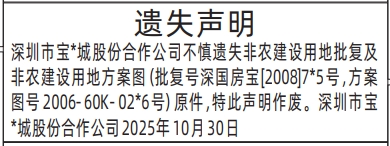 深圳登报商报报纸图：非农建设用地批复及非农建设用地方案图遗失声明登报范本的图样